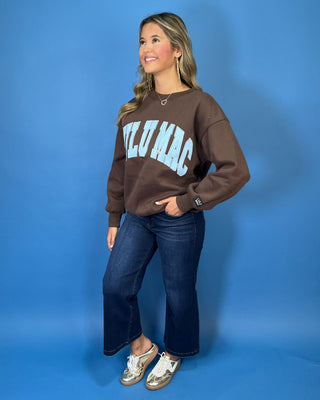 Chocolate brown Lulu Mac graphic crewneck sweatshirt with light blue varsity lettering, long sleeves, ribbed trim, and a relaxed fit.