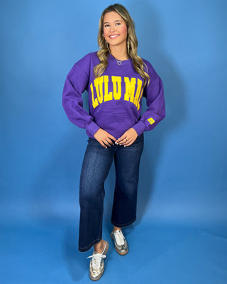 Purple Lulu Mac graphic crewneck sweatshirt with bold gold varsity lettering, long sleeves, ribbed trim, and a relaxed fit.
