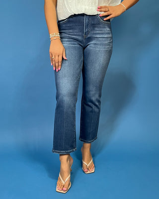 HR Dark Wash Straight Ankle Jeans featuring a flattering high-rise fit, straight ankle leg