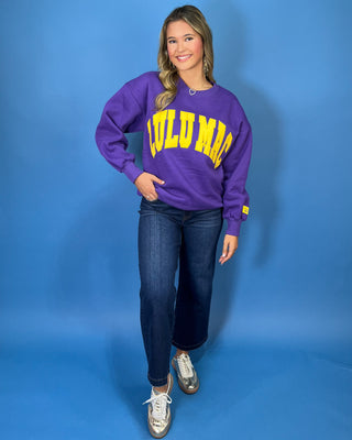 Purple Lulu Mac graphic crewneck sweatshirt with bold gold varsity lettering, long sleeves, ribbed trim, and a relaxed fit.
