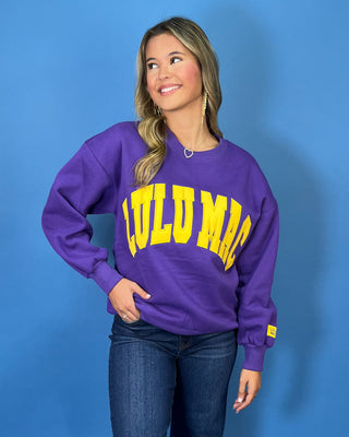 Purple Lulu Mac graphic crewneck sweatshirt with bold gold varsity lettering, long sleeves, ribbed trim, and a relaxed fit.