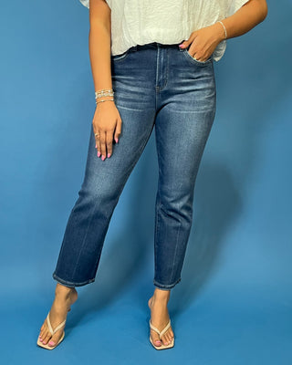 HR Dark Wash Straight Ankle Jeans featuring a flattering high-rise fit, straight ankle leg