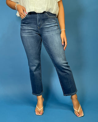 HR Dark Wash Straight Ankle Jeans featuring a flattering high-rise fit, straight ankle leg