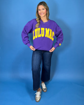 Purple Lulu Mac graphic crewneck sweatshirt with bold gold varsity lettering, long sleeves, ribbed trim, and a relaxed fit.