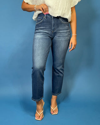 HR Dark Wash Straight Ankle Jeans featuring a flattering high-rise fit, straight ankle leg