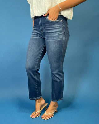 HR Dark Wash Straight Ankle Jeans featuring a flattering high-rise fit, straight ankle leg