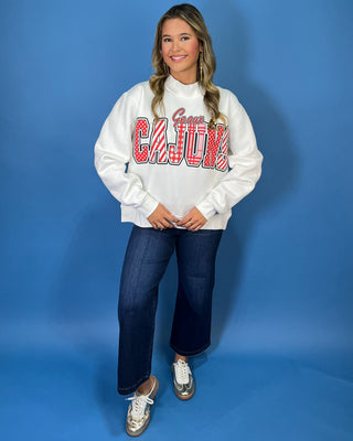 White Geaux Cajuns graphic sweatshirt with bold red mixed-print lettering, mock neckline, long sleeves, and a relaxed fit.