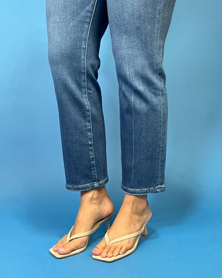 HR Dark Wash Straight Ankle Jeans featuring a flattering high-rise fit, straight ankle leg