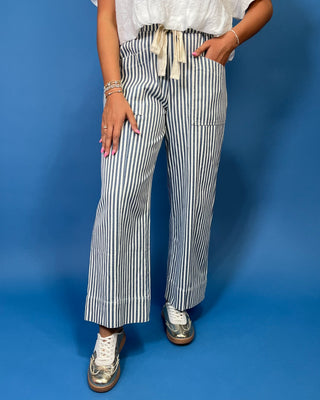 Blue & Ivory Wide Leg Stripe Pants, blue stripe pattern, elastic drawstring waist, and a wide leg fit.