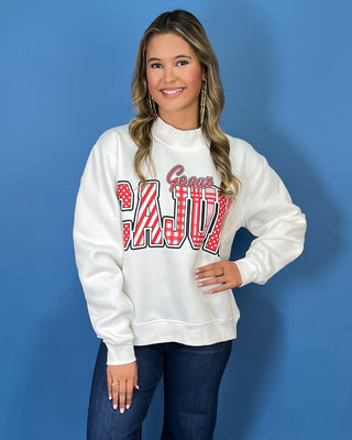 White Geaux Cajuns graphic sweatshirt with bold red mixed-print lettering, mock neckline, long sleeves, and a relaxed fit.