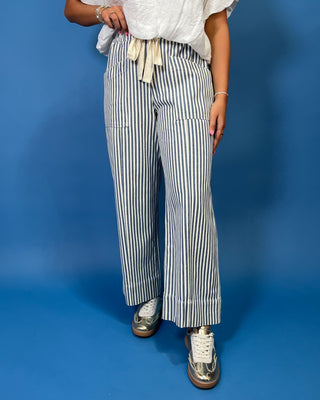 Blue & Ivory Wide Leg Stripe Pants, blue stripe pattern, elastic drawstring waist, and a wide leg fit.