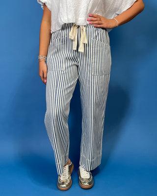 Blue & Ivory Wide Leg Stripe Pants, blue stripe pattern, elastic drawstring waist, and a wide leg fit.