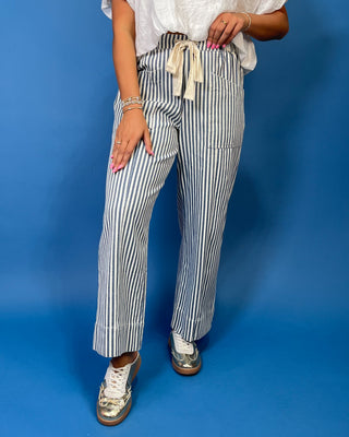 Blue & Ivory Wide Leg Stripe Pants, blue stripe pattern, elastic drawstring waist, and a wide leg fit.