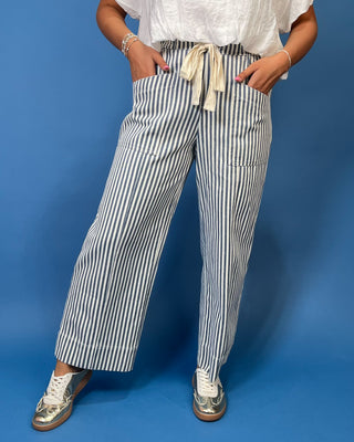Blue & Ivory Wide Leg Stripe Pants, blue stripe pattern, elastic drawstring waist, and a wide leg fit.