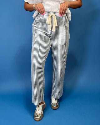 Blue & Ivory Wide Leg Stripe Pants, blue stripe pattern, elastic drawstring waist, and a wide leg fit.