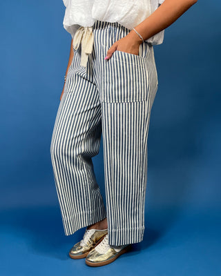 Blue & Ivory Wide Leg Stripe Pants, blue stripe pattern, elastic drawstring waist, and a wide leg fit.