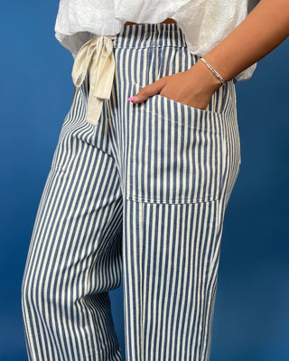Blue & Ivory Wide Leg Stripe Pants, blue stripe pattern, elastic drawstring waist, and a wide leg fit.