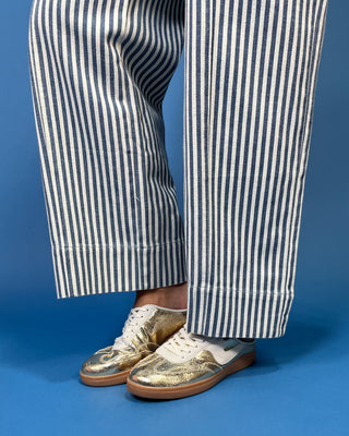 Blue & Ivory Wide Leg Stripe Pants, blue stripe pattern, elastic drawstring waist, and a wide leg fit.