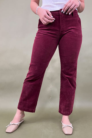 Person wearing maroon corduroy pants on a plain background
