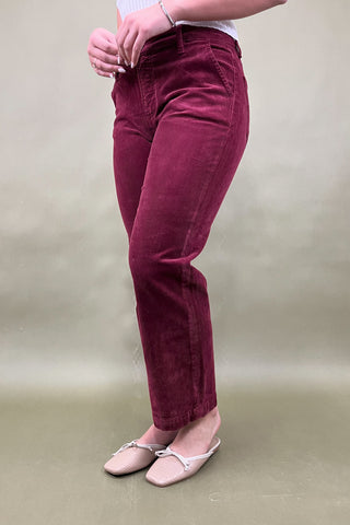 Person wearing burgundy pants on a plain background