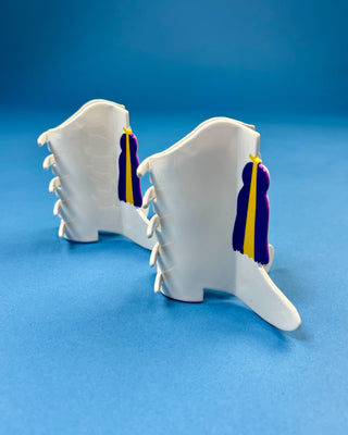 White Boot LSU-inspired claw hair clip featuring a purple & gold tassel design with purple and gold accents and a secure spring hinge.