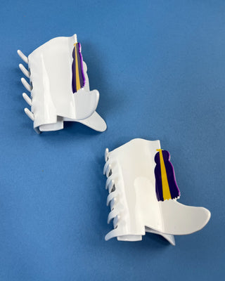 White Boot LSU-inspired claw hair clip featuring a purple & gold tassel design with purple and gold accents and a secure spring hinge.