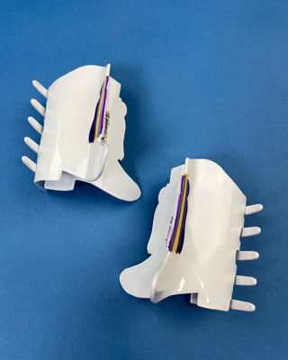 White Boot LSU-inspired claw hair clip featuring a purple & gold tassel design with purple and gold accents and a secure spring hinge.