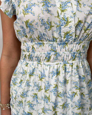Model wearing a white floral tiered midi dress with flutter sleeves and a smocked waist, styled with nude block-heel sandals.