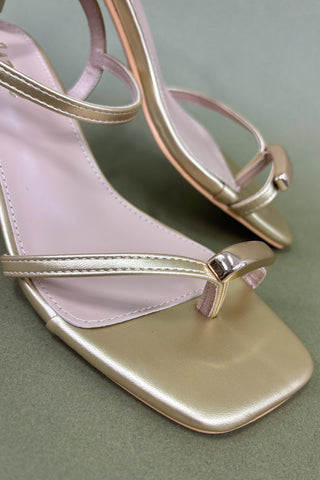 Gold high-heeled sandals with pink straps on a green background