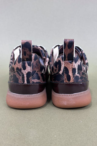 Pair of sneakers with leopard print pattern on a gray background