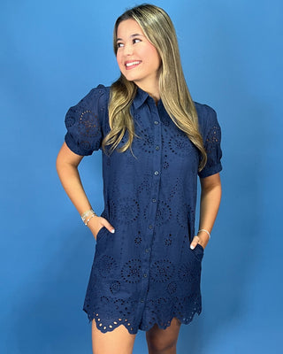 Marina Navy Puff Sleeve Button Up Eyelet Dress