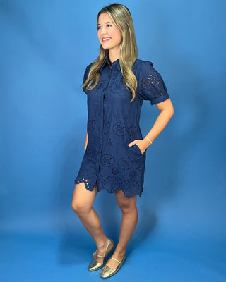 Marina Navy Puff Sleeve Button Up Eyelet Dress