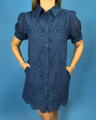 Marina Navy Puff Sleeve Button Up Eyelet Dress