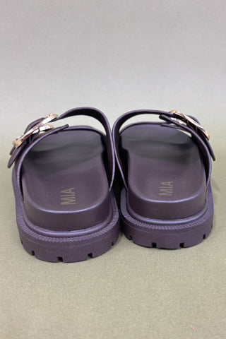 brown sandals with gold buckles on a light green background