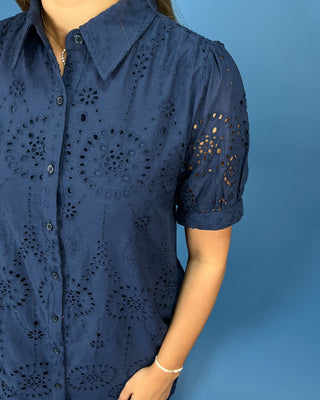 Marina Navy Puff Sleeve Button Up Eyelet Dress