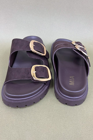 brown sandals with gold buckles on a light green background