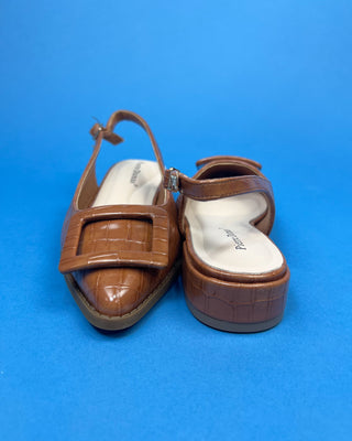 A pair of brown pointed-toe slingback flats with gold button accent against a solid blue background.