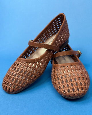 A pair of woven brown leather Mary Jane flats