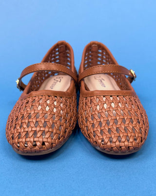 A pair of woven brown leather Mary Jane flats