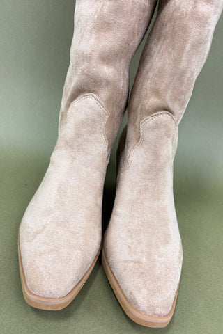 Pair of beige suede boots on a green background