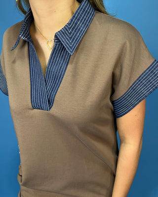 Casual Contrast Brown & Navy Polo Midi Dress