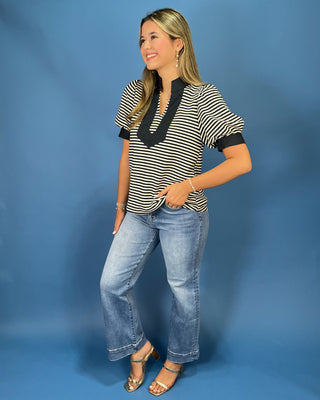 Main Street Deep Navy Stripe Color Block Top