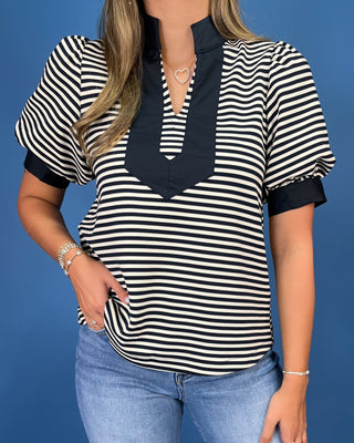 Main Street Deep Navy Stripe Color Block Top