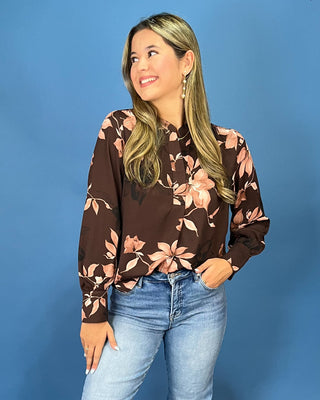 Rich Magnolia Brown Floral V-Neck Top