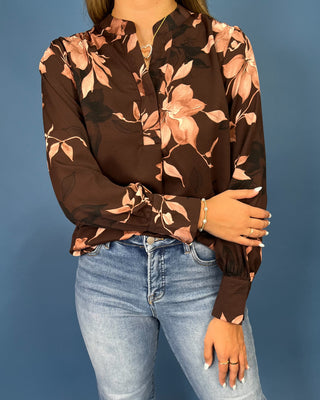 Rich Magnolia Brown Floral V-Neck Top