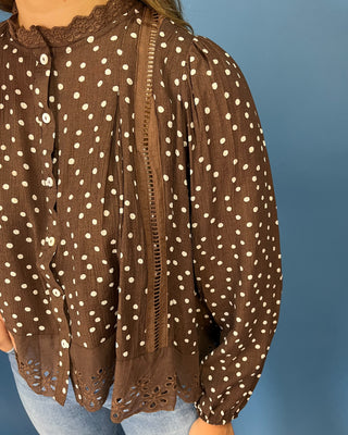 Sweet Mocha Lace Detail Button Up Polka Dot Top