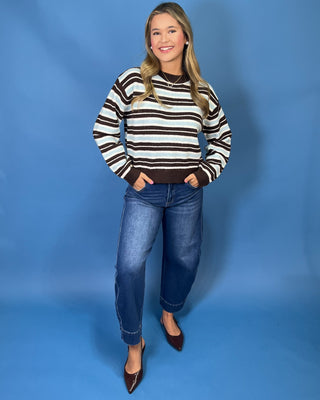 Blue, cream, and brown striped long sleeve sweater with crew neckline and contrast brown trim.