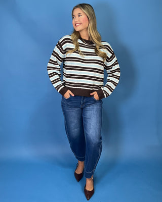Blue, cream, and brown striped long sleeve sweater with crew neckline and contrast brown trim.