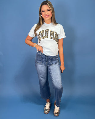  a light blue short-sleeve t-shirt with 'LULU MAC' printed across the chest in a camouflage pattern