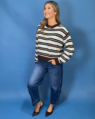 Blue, cream, and brown striped long sleeve sweater with crew neckline and contrast brown trim.